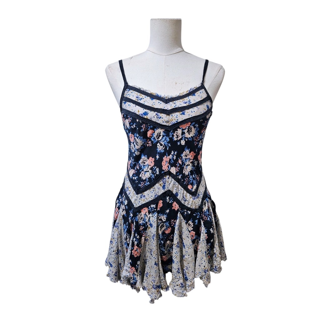 Intimately Free People Floral Lace Trim Slip Dress Navy Blue XS Handkerchief Hem